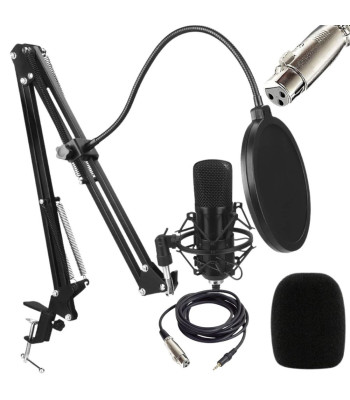 Kondensatorinis studijinis mikrofonas su XLR jungtimi, stovu ir pop filtru