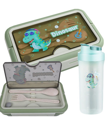 Vaikiškas pietų dėžutės ir gertuvės rinkinys su stalo įrankiais, žalias, 1100ml / 500ml, 20cm x 12cm x 8cm / 20cm x 7,5cm