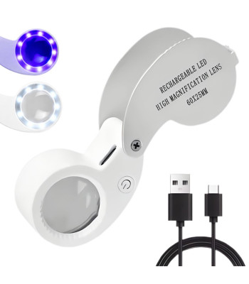 Sulankstomas juvelyrinis didinamasis stiklas su LED ir UV apšvietimu, įkraunamas per USB, 60X