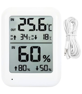 Meteorologinė stotelė su LCD ekranu, termometru, laidiniu zondu, higrometru ir magnetu, vidaus ir lauko temperatūrai, 8,5 × 6,5 cm