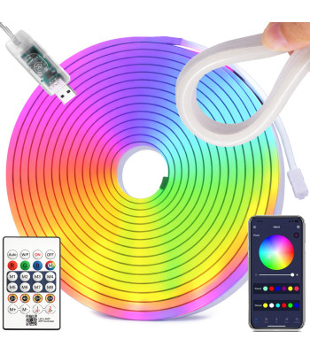 RGB LED neoninė juosta su „Bluetooth“, programėle ir nuotolinio valdymo pulteliu, lanksti, atspari drėgmei, 5 m