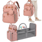 Daugiafunkcė kuprinė su kelionine lovele, USB jungtimi ir organizatoriumi, rožinė, 45 × 36 × 10 cm
