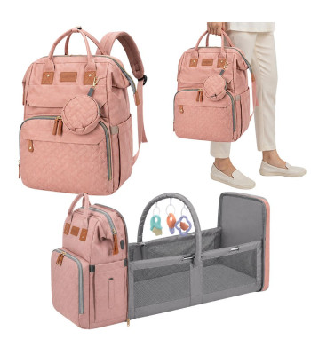 Daugiafunkcė kuprinė su kelionine lovele, USB jungtimi ir organizatoriumi, rožinė, 45 × 36 × 10 cm