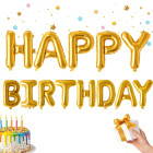 Auksinė folinių balionų girlianda „Happy Birthday“, 13 vnt.