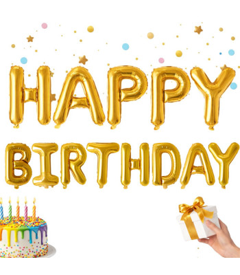Auksinė folinių balionų girlianda „Happy Birthday“, 13 vnt.