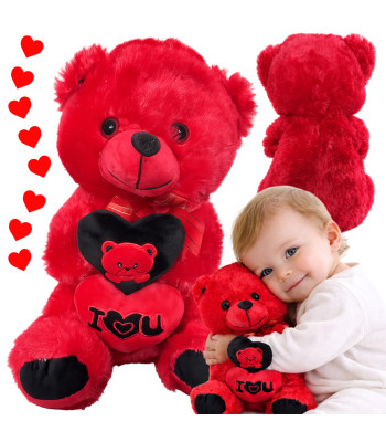 Raudonas pliušinis meškiukas su širdimi „I LOVE YOU“ – dovana, 30cm x 18cm