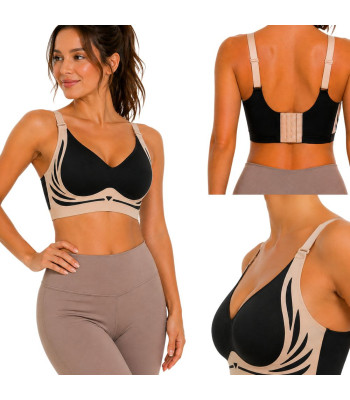 Moteriška sportinė push-up liemenėlė su formuojančiais įdėklais, besiūlė, juoda, L