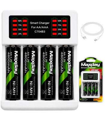 Maxday akumuliatorių įkroviklis su 4 AA akumuliatoriais ir USB-C kabeliu, AA/AAA
