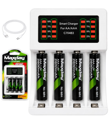 Maxday akumuliatorių įkroviklis su USB-C kabeliu ir 4 AAA akumuliatoriais, AA/AAA