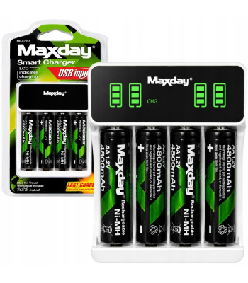 Akumuliatorių įkroviklis „Maxday“ su LCD ekranu, USB-C jungtimi ir 4 įkraunamaisiais akumuliatoriais, AA/AAA