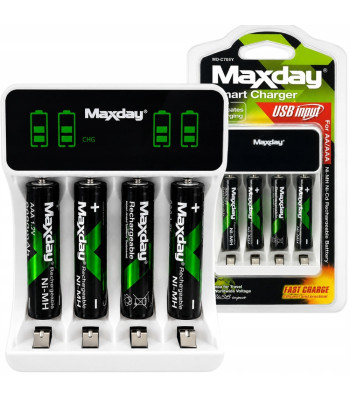 Akumuliatorių įkroviklis Maxday AA / AAA su LCD ekranu, 4 AAA akumuliatoriais ir USB-C kabeliu