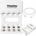 MAXDAY įkroviklis įkraunamiesiems AA ir AAA akumuliatoriams, 4 lizdų, USB-C, LED, 704A2, 9,4cm x 6,5cm x 2,6cm