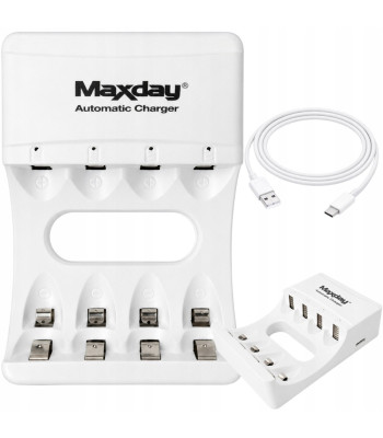 MAXDAY įkroviklis įkraunamiesiems AA ir AAA akumuliatoriams, 4 lizdų, USB-C, LED, 704A2, 9,4cm x 6,5cm x 2,6cm