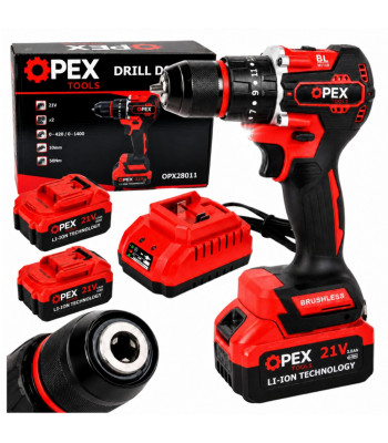 Akumuliatorinis smūginis gręžtuvas-suktuvas bešepetėliniu varikliu OPEX TOOLS, su 2 akumuliatoriais ir lagaminu – 21V, OPX28011