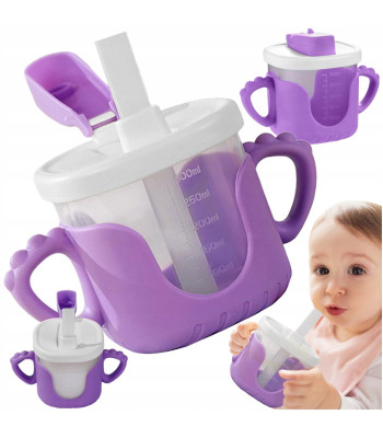 Vaikiškas neišsiliejantis puodelis su silikoninėmis rankenėlėmis, šiaudeliu ir snapeliu, violetinis, 300 ml