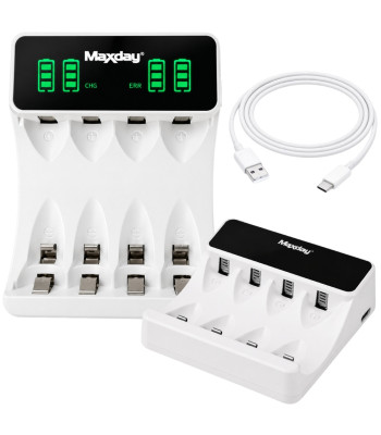 Maxday įkroviklis AA ir AAA akumuliatoriams, USB-C, LCD, 4 lizdų, baltas, 8,6 × 6,8 × 2,7 cm, C704Y4