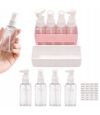 Kelioninių kosmetikos buteliukų rinkinys su dėklu ir etiketėmis, 4 × 50 ml