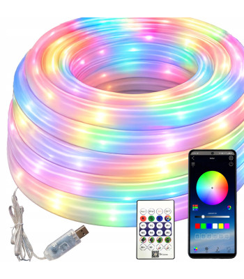 LED neoninė RGBIC juosta su Bluetooth, programėle, nuotolinio valdymo pultu ir USB, 5 m