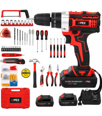 Akumuliatorinis smūginis gręžtuvas-suktuvas su įrankių rinkiniu ir lagaminu, OPEX TOOLS OPX28034, 21 V