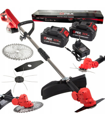 Akumuliatorinė žoliapjovė OPEX TOOLS su 2 akumuliatoriais ir 3 pjovimo priedais, 1200 W, 21 V, 3 Ah, 105–140 cm, OPX28025