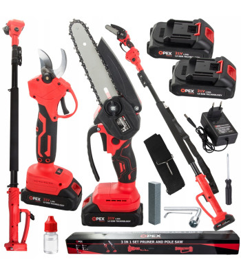 Akumuliatorinių sodo įrankių rinkinys OPEX TOOLS 3 viename, sekatorius ir grandininis pjūklas, OPX28035, 21V, 6″