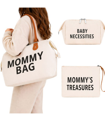 Didelė mamos rankinė „Mommy Bag“ – 3 dalių rinkinys su kosmetine ir organizatoriumi, 57 × 23 × 34 cm