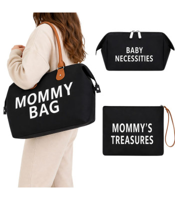 Mamos krepšys su kosmetine ir organizatoriumi, 3 dalių rinkinys, juodas, Mommy Bag, 57 × 23 × 34 cm