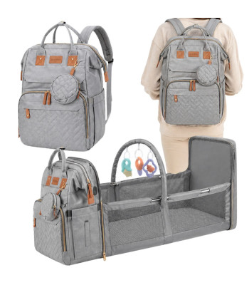 Daugiafunkcė kūdikio kuprinė su kelionine lovyte, USB jungtimi ir organizatoriumi, pilka, 45 × 36 × 10 cm