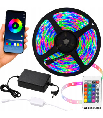 RGB LED juosta su programėle, muzikos sinchronizavimu, nuotolinio valdymo pulteliu ir maitinimo adapteriu, 10 m, 12 V, 2835RGB