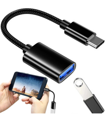 USB-C į USB-A 3.0 OTG adapteris su pintu kabeliu, juodas, 11 cm