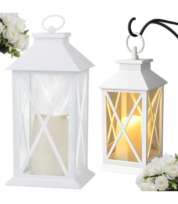 Dekoratyvinis LED lampionas su elektrine žvake, baltas, 28cm x 14cm x 14cm