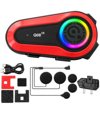 Motociklo šalmo interkomas su mikrofonu, Bluetooth, RGB apšvietimu ir USB-C, Q08 2X