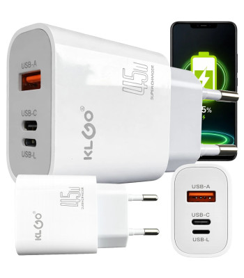 Tinklo įkroviklis su USB-A, USB-C ir USB-L jungtimis, 45 W, PD-68