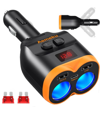 Automobilinis cigarečių uždegiklio lizdo šakotuvas ir įkroviklis, 12–24 V, 2 USB-A, 1 USB-C, QC 3.0, 80 W