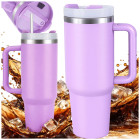Terminis puodelis su šiaudeliu ir rankena, violetinis, 1200ml