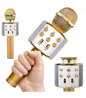 Apvalus belaidis karaoke mikrofonas su Bluetooth garsiakalbiu ir balso moduliatoriumi, auksinis, 23 cm
