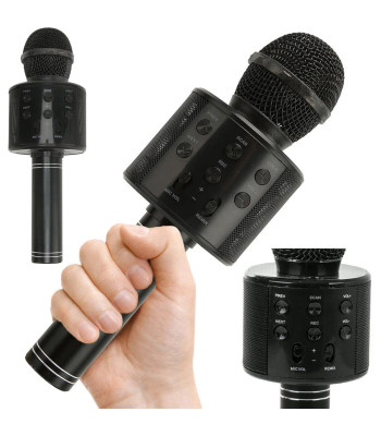 Belaidis karaoke mikrofonas su „Bluetooth“ garsiakalbiu ir balso moduliatoriumi, apvalus, juodas, 23 cm
