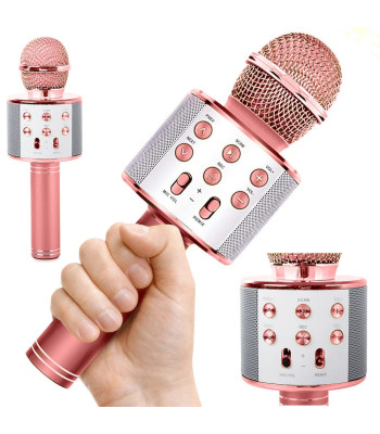Belaidis karaokės mikrofonas su „Bluetooth“ garsiakalbiu ir balso moduliatoriumi, rožinis, 23 cm