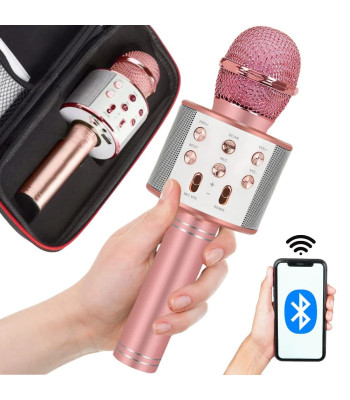 Belaidis „Bluetooth“ karaoke mikrofonas su garsiakalbiu ir dėklu, rožinis
