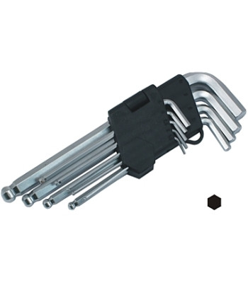 Šešiabriaunių raktų su rutuliniais galais rinkinys, Cr LONG 9X, 9 vnt., 1.5-10MM