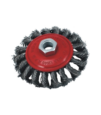 Plieninis besisukantis kampinis diskinis vielinis šepetys COIL BEVEL M14 100 mm