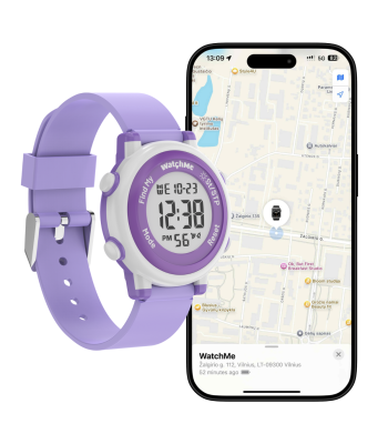 Vaikiškas išmanusis laikrodis su Apple Find My funkcija, WatchMe, violetinis