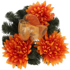 Wianek z dekoracją - chryzantemy pomarańczowe + liście ozdobne