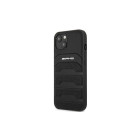 AMG dėklas, skirtas iPhone 14 Pro 6,1 AMHCP14LGSEBK juodas HC odos įspaustas linijas baltas logotipas