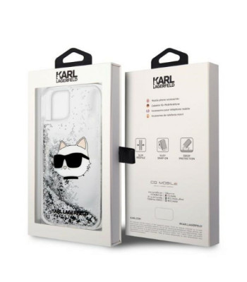 Karl Lagerfeld dėklas, skirtas iPhone 14 6,1 KLHCP14SLNCHCS sidabrinis kietas dėklas Liquid Glitter NFT Choupette Head