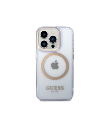 Guess dėklas iPhone 14 Pro 6,1 GUHMP14LHTCMU fioletowa HC Magsafe Gold Outline Translucent