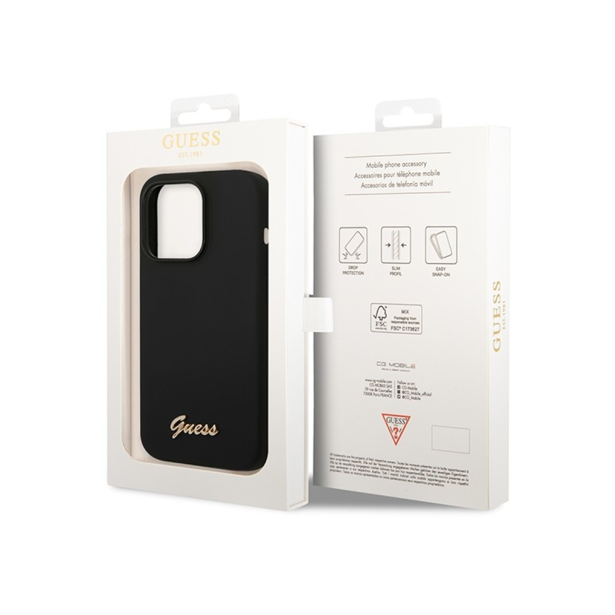 Guess telefono dėklas  iPhone 14 Pro Max 6,7 GUHCP14XSLSMK black hard telefono dėklas Silikoninis Vintage gold Logo