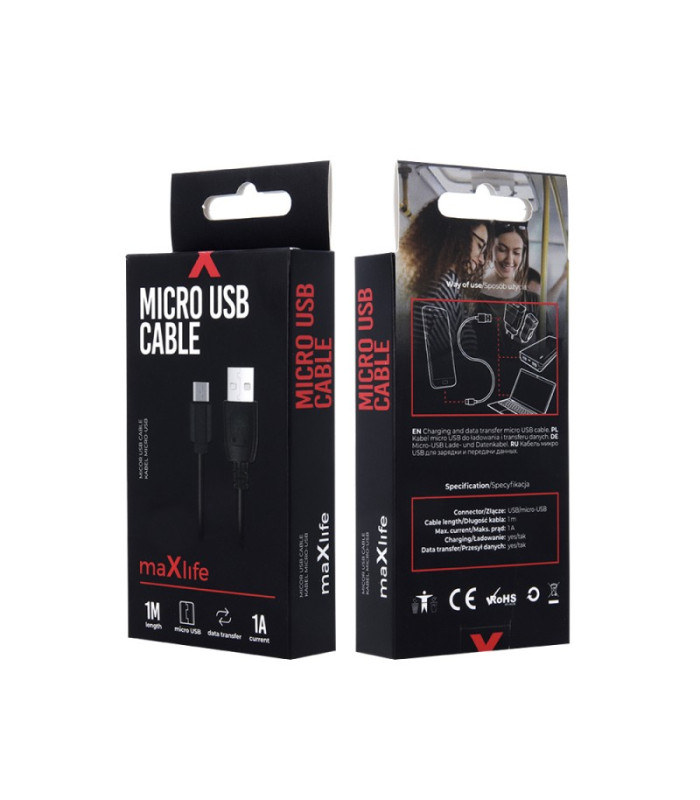 Maxlife kabelis USB - microUSB 1,0 m 1A juodas
