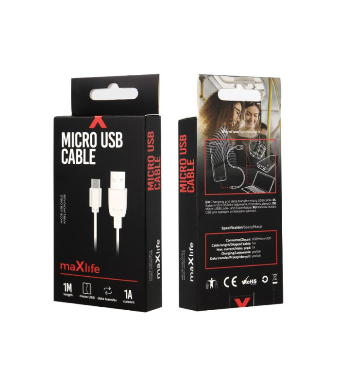 Maxlife kabelis USB - microUSB 1,0 m 1A baltas