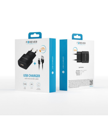 Forever TC-01 įkroviklis 1x USB 2A juodas + microUSB laidas